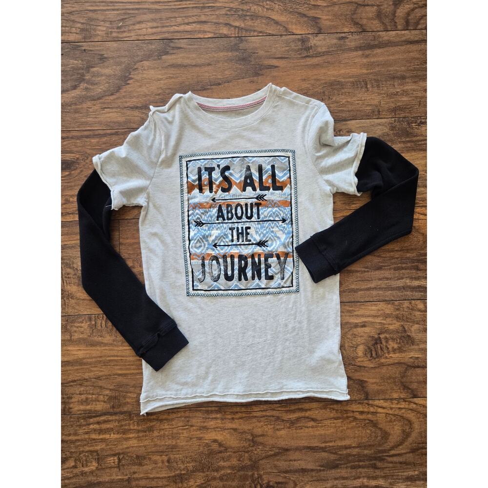 Art Class Boys Size 12 Journey Graphic Faux Layered Long Sleeve Shirt Gray Black